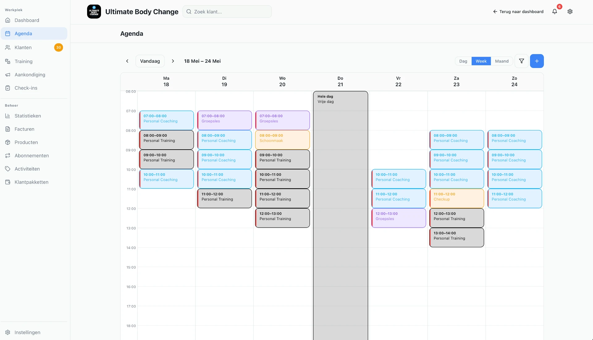 Weekagenda met personal coaching, personal training, groepslessen en een vrije dag
