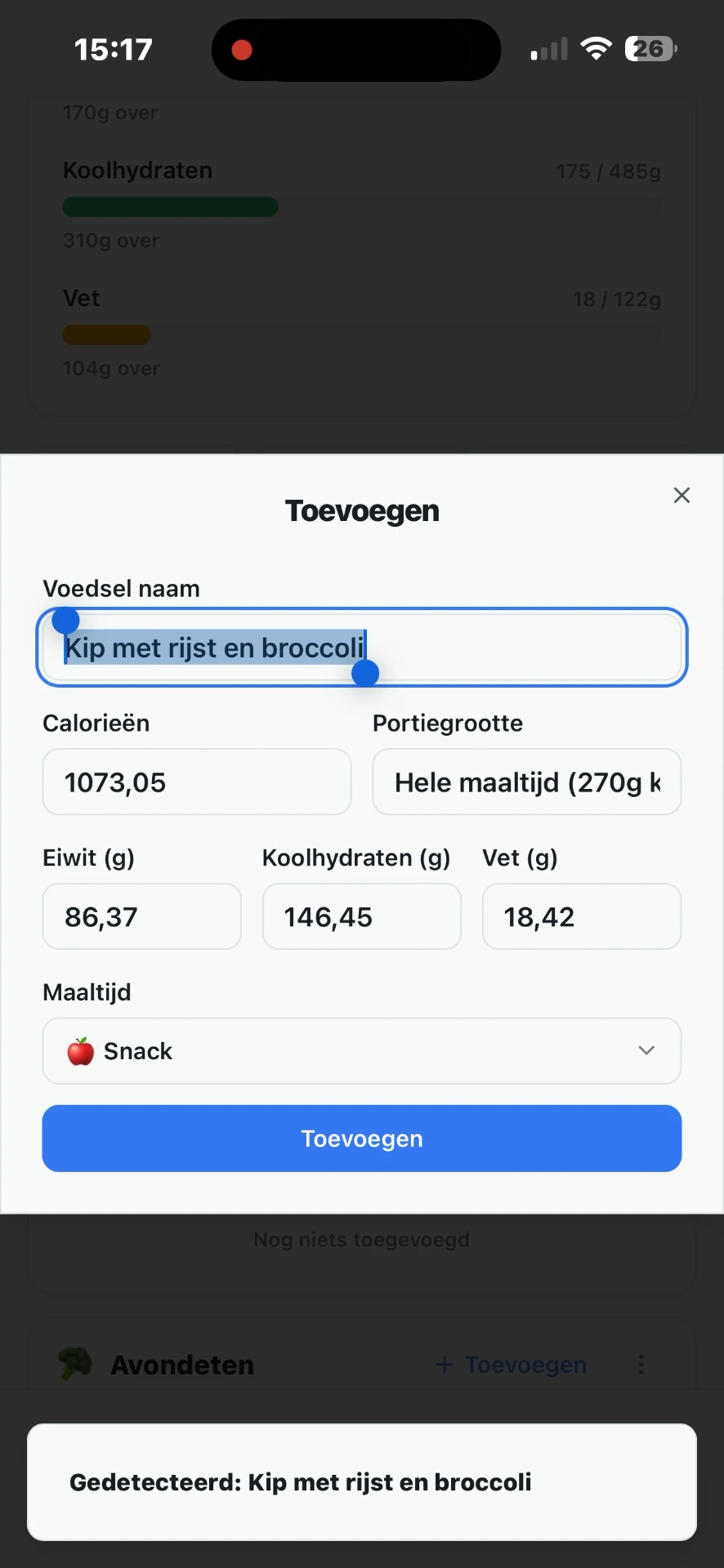 Resultaat van de maaltijdscan: ingevuld product met calorieën en macro's
